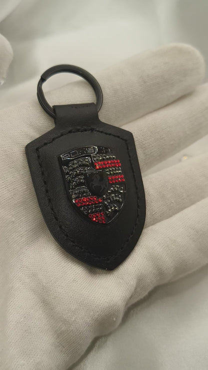 Original OEM | Porsche Logo Schwarz lackiert Emblem Schlüsselanhänger | mit original Preciosa Kristallen®