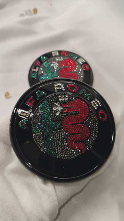 Original OEM Alfa Romeo Giulia GTA | Black Badge Logo Emblem Set | front + rear embellished with Preciosa crystals, version featuring the entire inner section filled, Stelvio Giulietta
