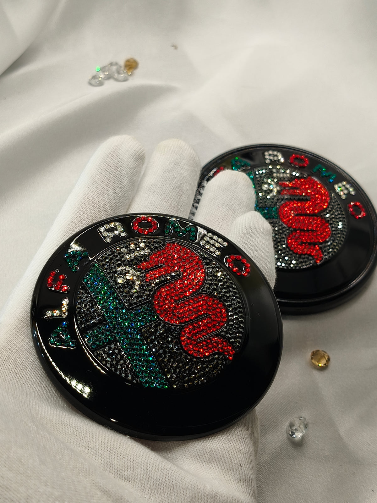 Original OEM Alfa Romeo Giulia GTA | Black Badge Logo Emblem Set | front + rear embellished with Preciosa crystals, version featuring the entire inner section filled, Stelvio Giulietta