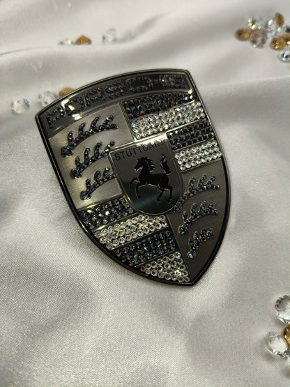 Original OEM | Porsche Turbonit Logo Emblem Motorhaube | mit original Preciosa® Kristallen - Black Saphir Crystals
