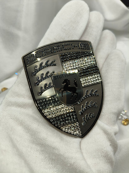 Original OEM | Porsche Turbonit Logo Emblem Motorhaube | mit original Preciosa® Kristallen - Black Saphir Crystals