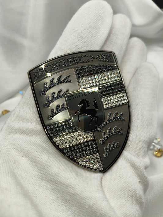 Original OEM | Porsche Turbonit Logo Emblem Motorhaube | mit original Preciosa® Kristallen - Black Saphir Crystals