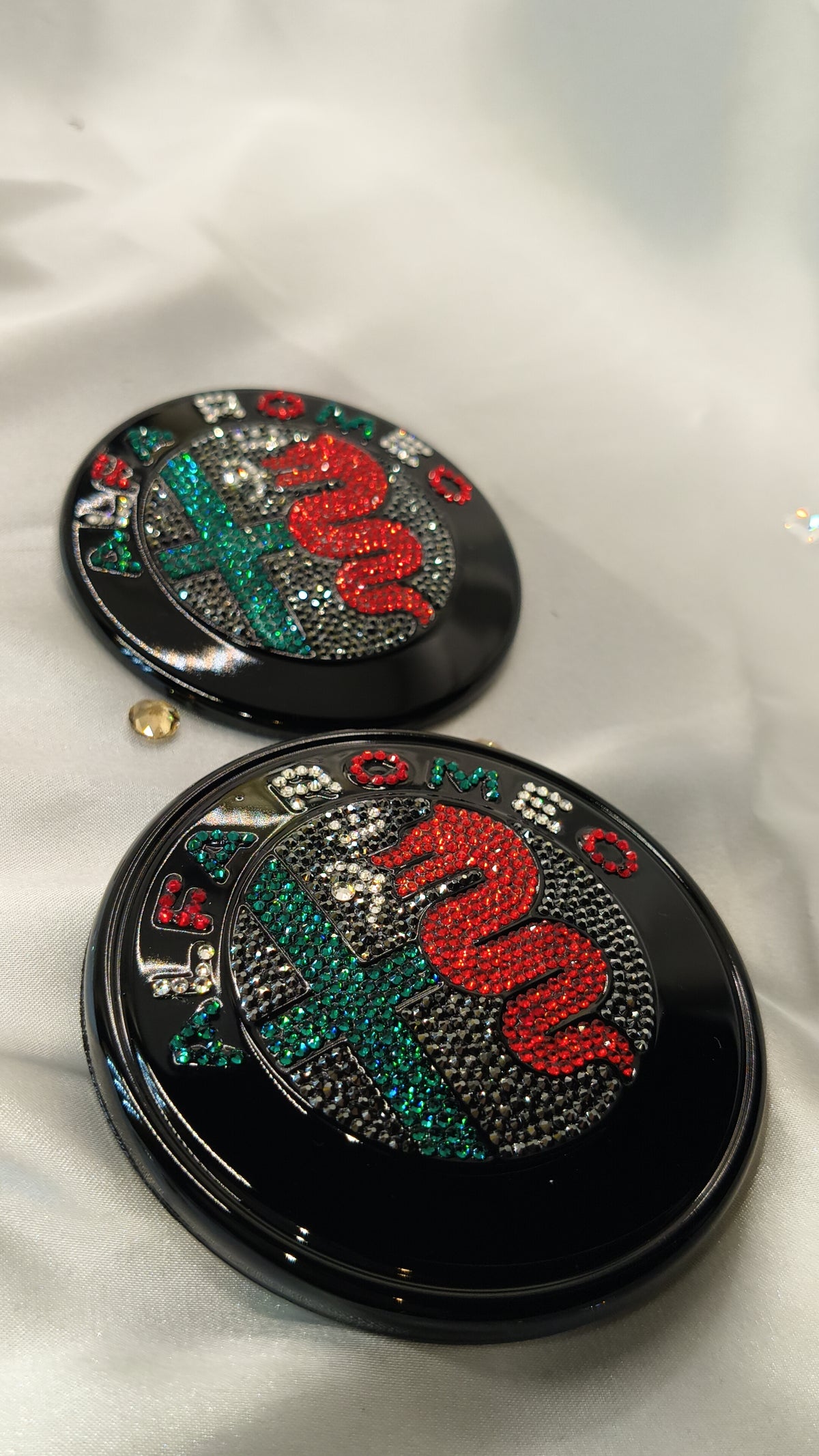 Original OEM Alfa Romeo Giulia GTA | Black Badge Logo Emblem Set | front + rear embellished with Preciosa crystals, version featuring the entire inner section filled, Stelvio Giulietta