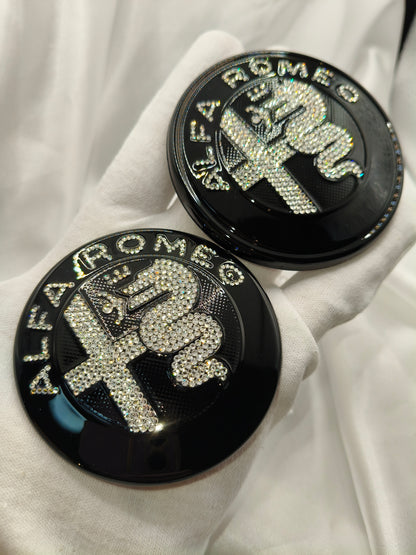 Original OEM Alfa Romeo | Logo Emblem Set vorn+hinten | mit original Preciosa® Kristallen - Black Saphir Crystals