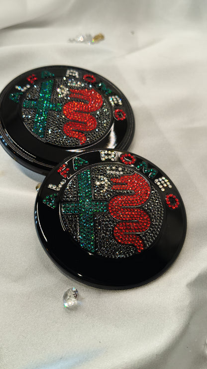 Original OEM Alfa Romeo Giulia GTA | Black Badge Logo Emblem Set | front + rear embellished with Preciosa crystals, version featuring the entire inner section filled, Stelvio Giulietta