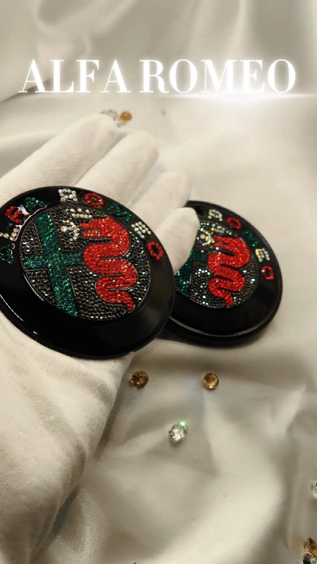 Original OEM Alfa Romeo Giulia GTA | Black Badge Logo Emblem Set | front + rear embellished with Preciosa crystals, version featuring the entire inner section filled, Stelvio Giulietta