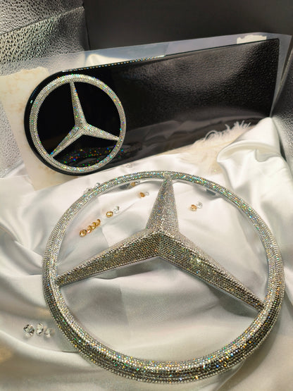 Original OEM | Mercedes-Benz Logo Set G Klasse G63 AMG Emblem Grill + Ersatzrad Deckel | mit original Preciosa® Kristallen 1.7mm - Black Saphir Crystals