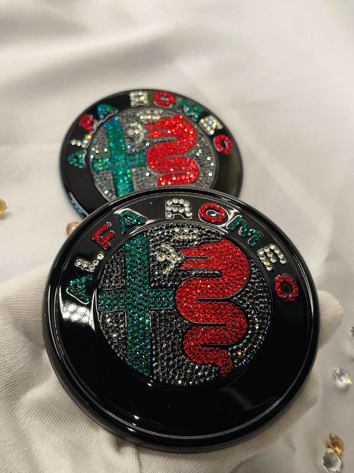 Original OEM Alfa Romeo Giulia GTA | Black Badge Logo Emblem Set | front + rear embellished with Preciosa crystals, version featuring the entire inner section filled, Stelvio Giulietta