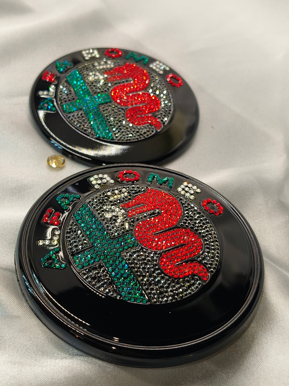 Original OEM Alfa Romeo Giulia GTA | Black Badge Logo Emblem Set | front + rear embellished with Preciosa crystals, version featuring the entire inner section filled, Stelvio Giulietta