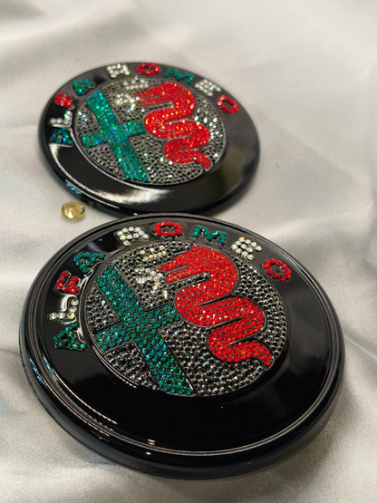 Original OEM Alfa Romeo Giulia GTA | Black Badge Logo Emblem Set | front + rear embellished with Preciosa crystals, version featuring the entire inner section filled, Stelvio Giulietta