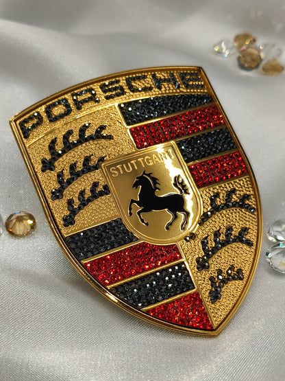 Original OEM | Porsche Logo Emblem Motorhaube | mit original Preciosa® Kristallen - Black Saphir Crystals