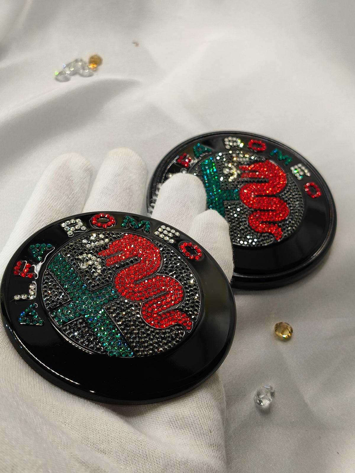 Original OEM Alfa Romeo Giulia GTA | Black Badge Logo Emblem Set | front + rear embellished with Preciosa crystals, version featuring the entire inner section filled, Stelvio Giulietta