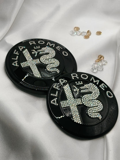 Original OEM Alfa Romeo | Logo Emblem Set vorn+hinten | mit original Preciosa® Kristallen - Black Saphir Crystals