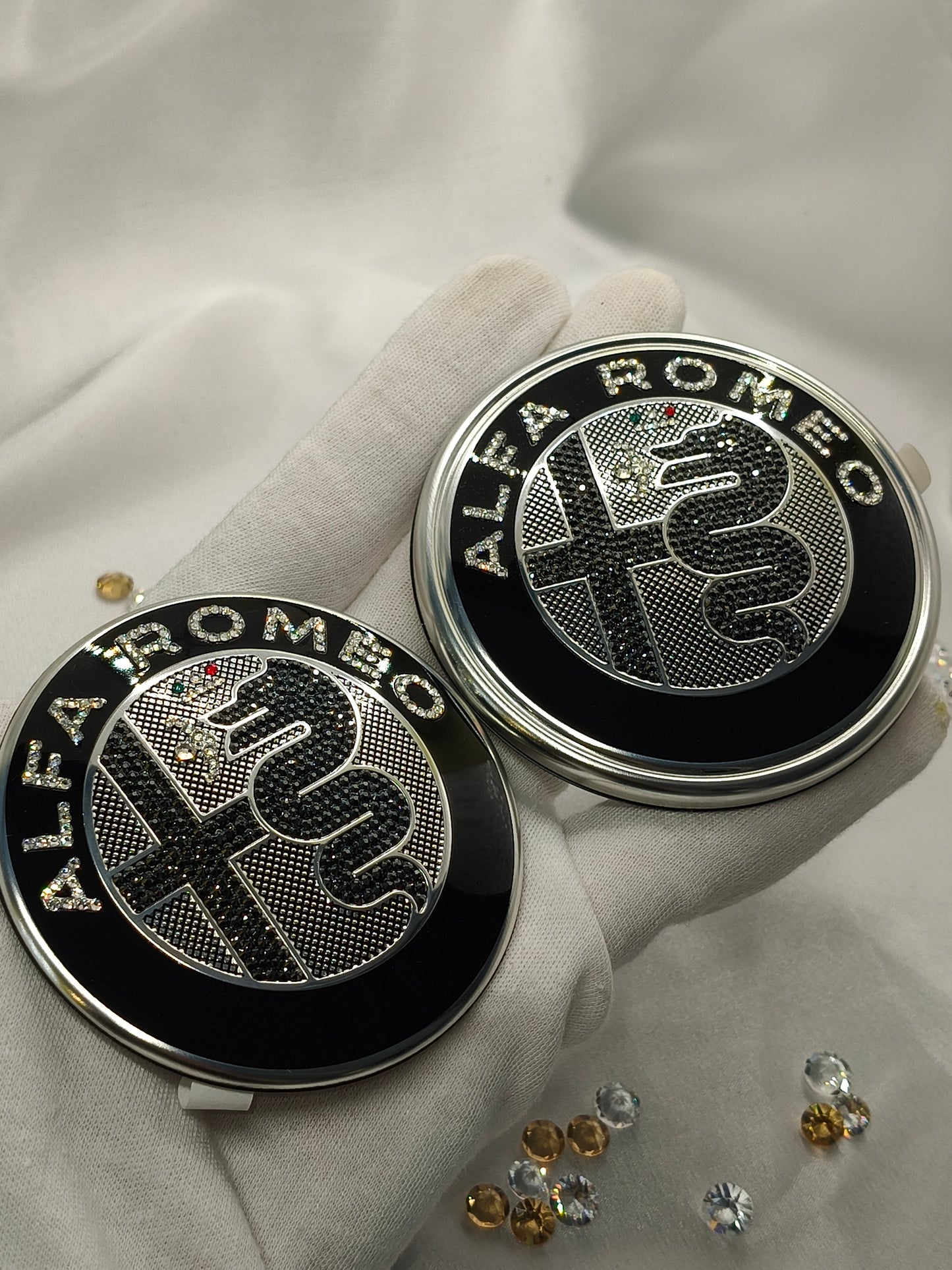 Genuine OEM Alfa Romeo Giulia GV GTA | Logo Emblem Set black front + rear | with genuine Preciosa® crystals