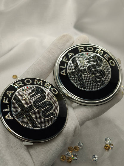 Genuine OEM Alfa Romeo Giulia GV GTA | Logo Emblem Set black front + rear | with genuine Preciosa® crystals