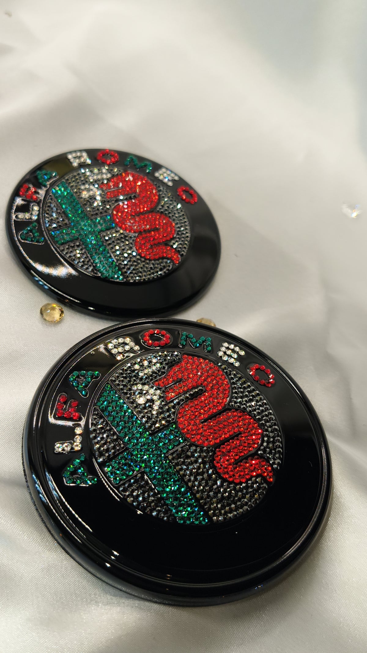 Original OEM Alfa Romeo Giulia GTA | Black Badge Logo Emblem Set | front + rear embellished with Preciosa crystals, version featuring the entire inner section filled, Stelvio Giulietta