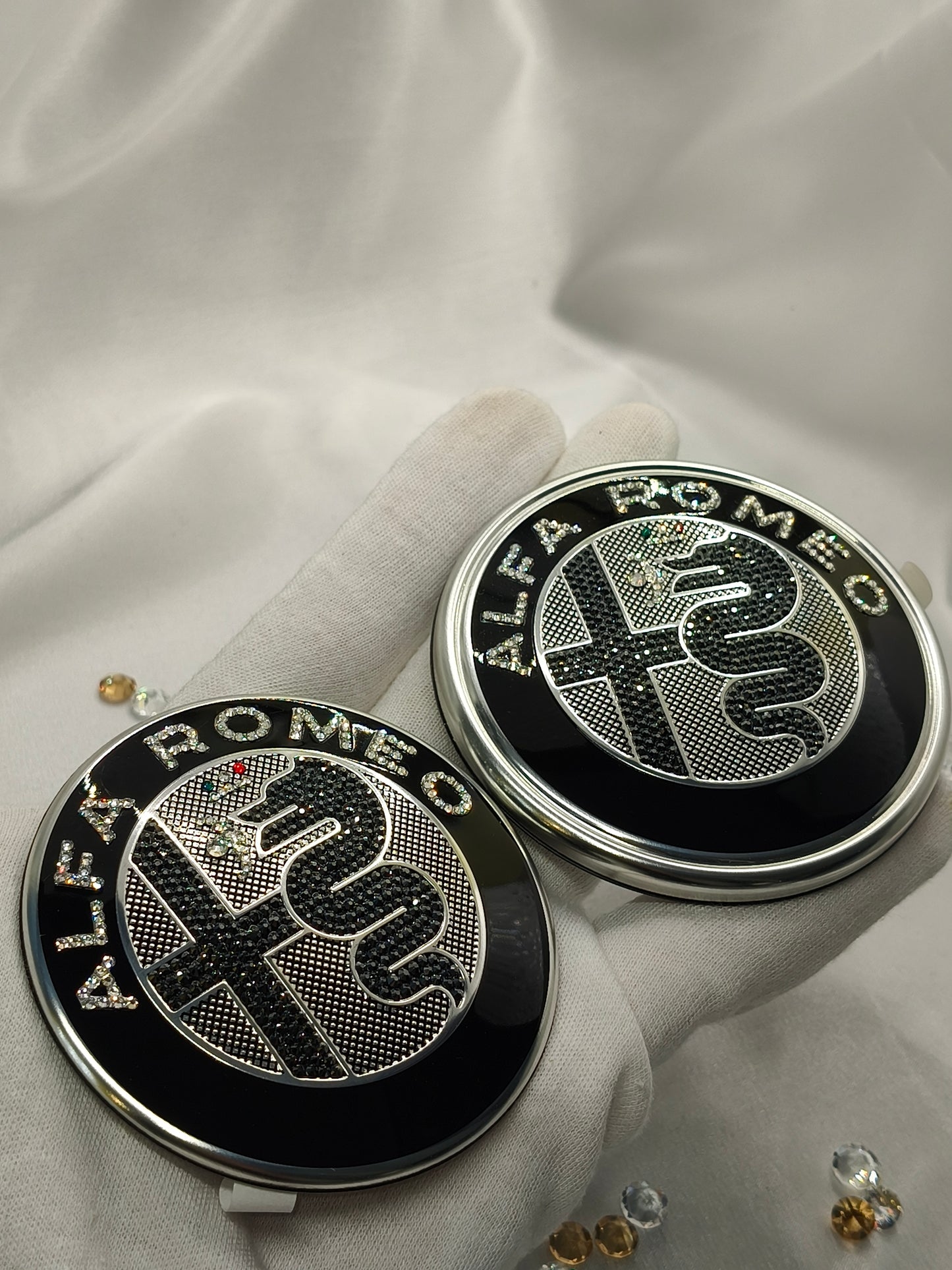 Genuine OEM Alfa Romeo Giulia GV GTA | Logo Emblem Set black front + rear | with genuine Preciosa® crystals