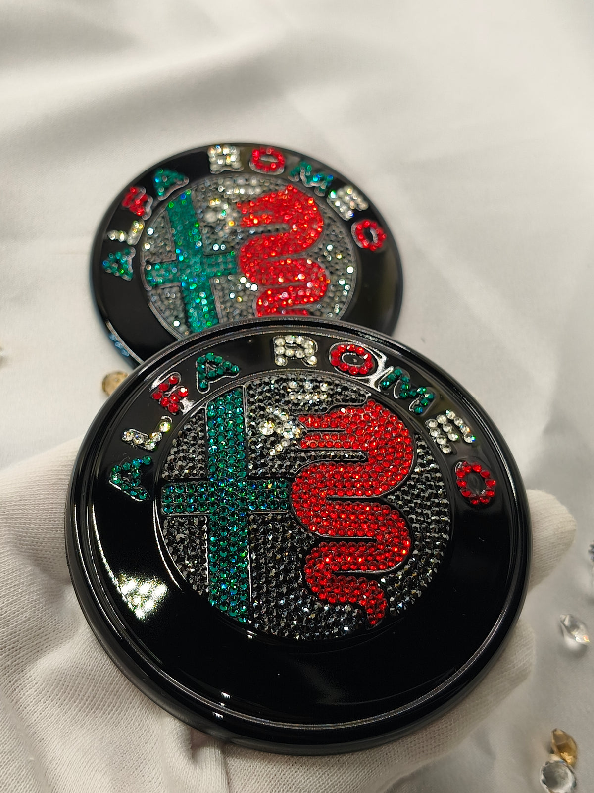 Original OEM Alfa Romeo Giulia GTA | Black Badge Logo Emblem Set | front + rear embellished with Preciosa crystals, version featuring the entire inner section filled, Stelvio Giulietta