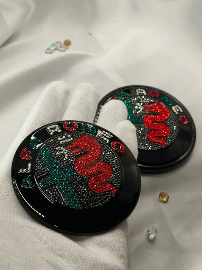 Original OEM Alfa Romeo Giulia GTA | Black Badge Logo Emblem Set | front + rear embellished with Preciosa crystals, version featuring the entire inner section filled, Stelvio Giulietta