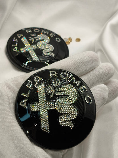 Original OEM Alfa Romeo | Logo Emblem Set vorn+hinten | mit original Preciosa® Kristallen - Black Saphir Crystals