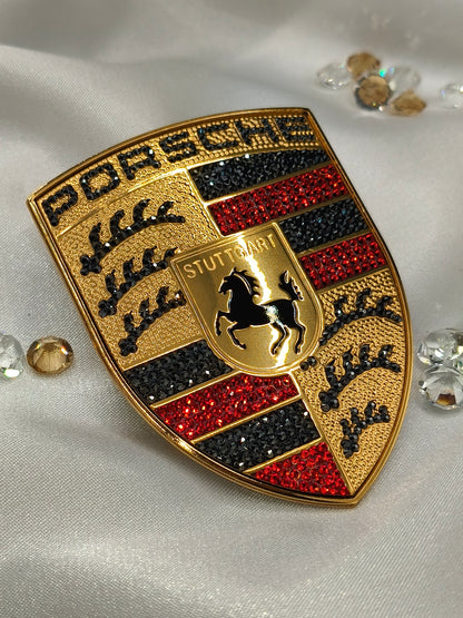 Original OEM | Porsche Logo Emblem Motorhaube | mit original Preciosa® Kristallen - Black Saphir Crystals