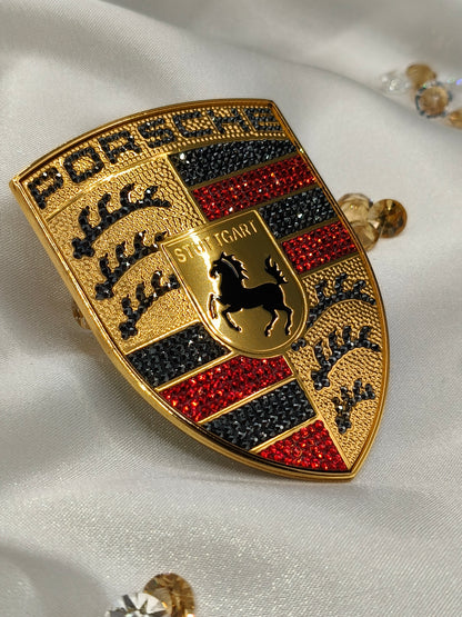 Original OEM | Porsche Logo Emblem Motorhaube | mit original Preciosa® Kristallen - Black Saphir Crystals