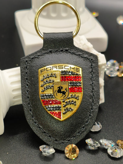 Original Porsche Logo Emblem Schlüsselanhänger mit original Swarovski® oder Preciosa® Veredelt - Black Saphir Crystals